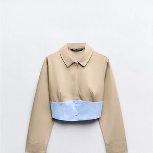 Zara Tan and Blue Contrasting Fitted Crop Shirt